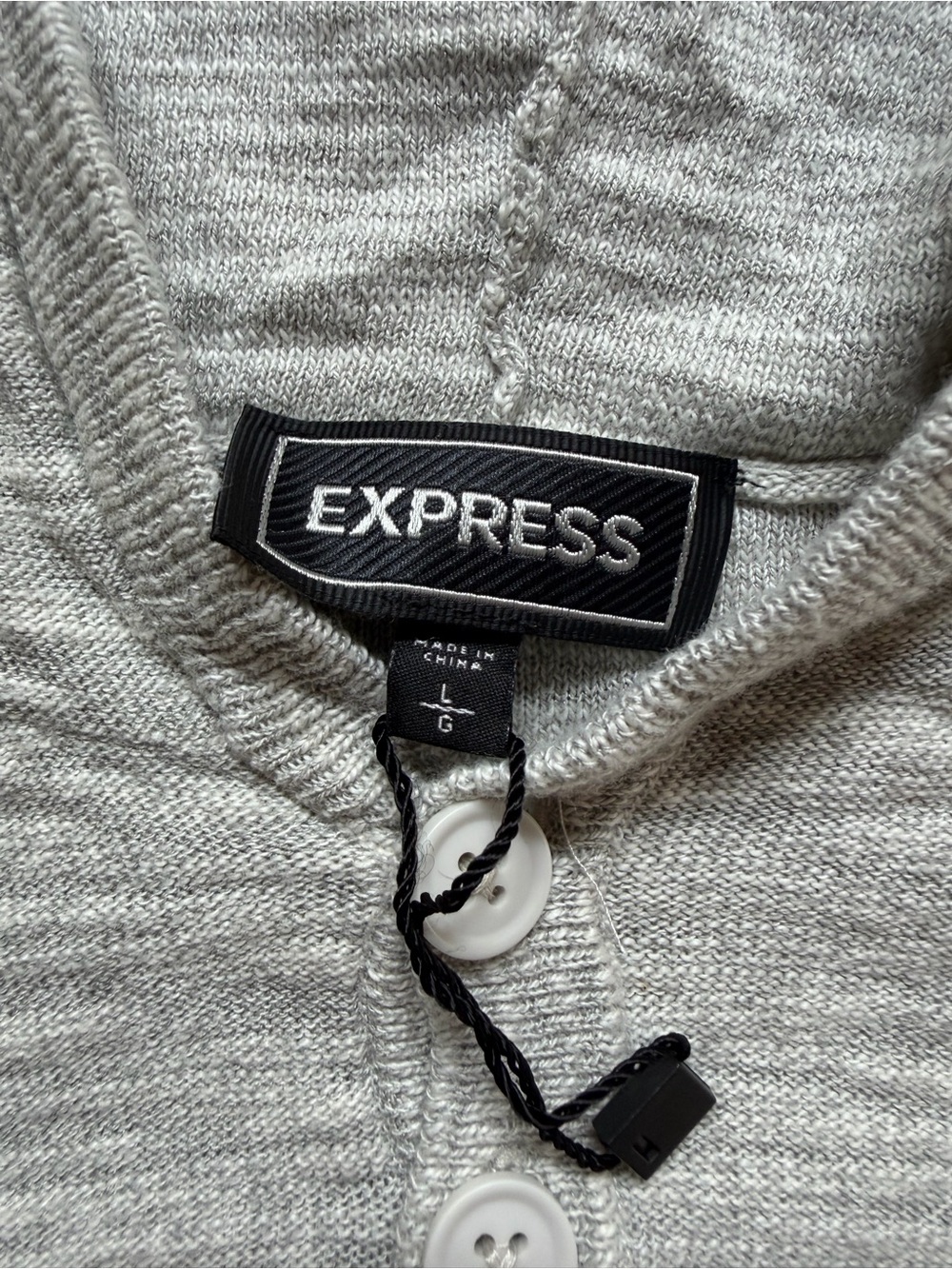 Express Men's Light Gray Hooded Sweater with Dark Gray Stripes - Picture 2 of 3